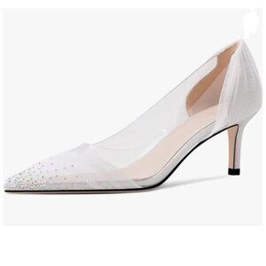 XYD Silver Charming Mesh Color Rhinestones Studs Pointed Toe Transparent Pumps